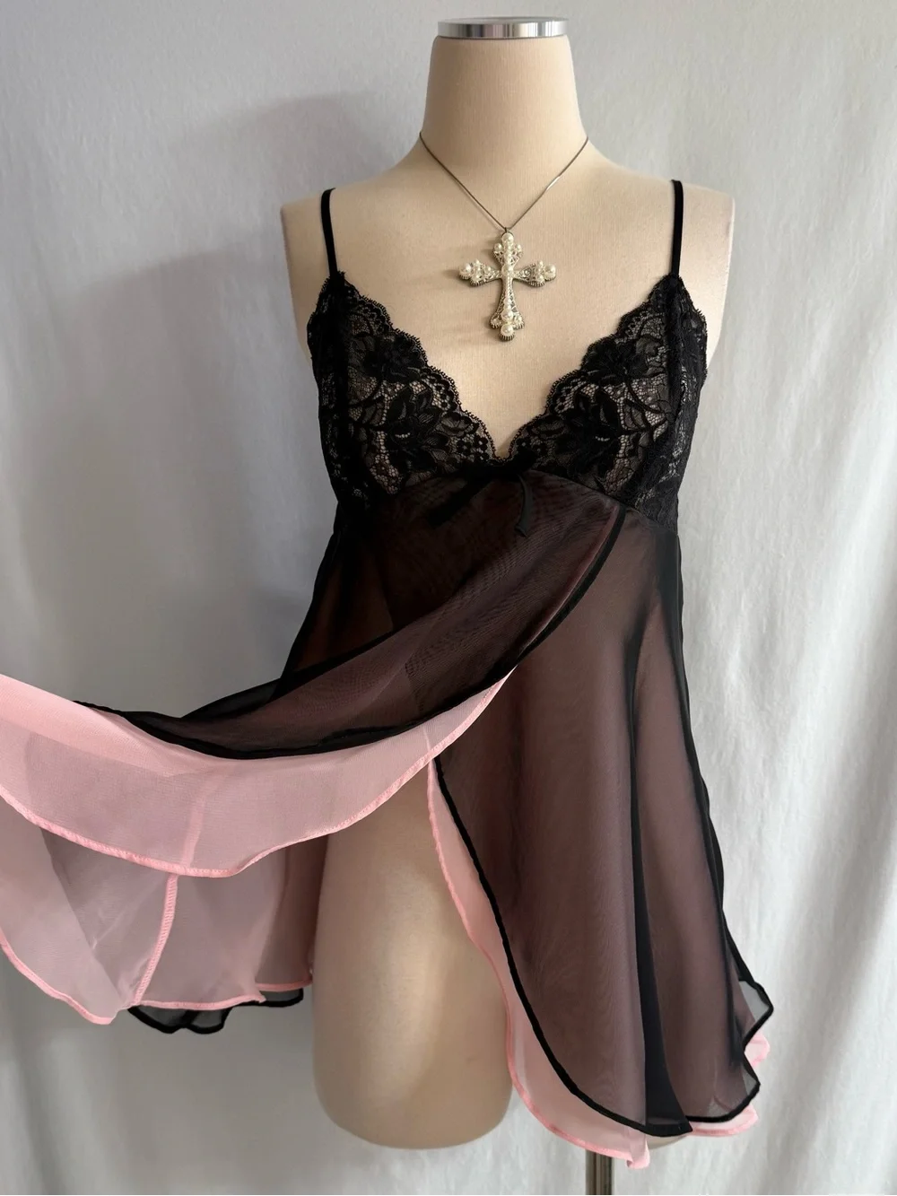Y2K Sheer Pink & Black Slip Dress Set
